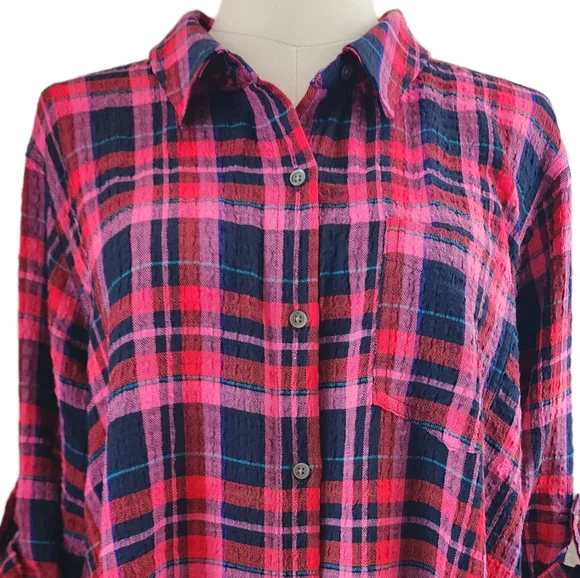 Intro 3/4 rolled sleeve plaid button-up collared over-shirt, sz XL - Picture 1 of 12